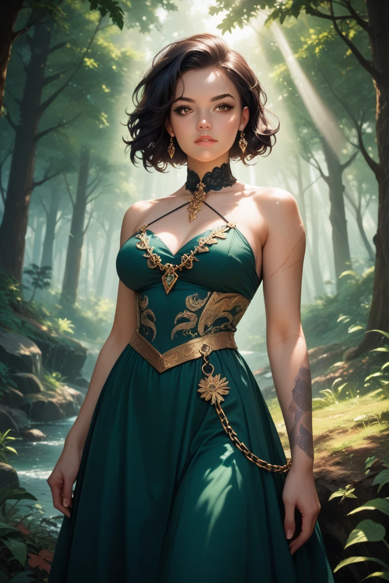  a woman of short stature, thin and pale with dark hair and bright greenish brown eyes with scars forming rays on her body,  her wrists have broken chains and around her there is a magical purple aura  . She is out in the woods and wears a 19th century Irish dress  
