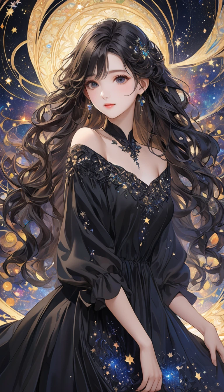   one young girl who can't see the stars、 Very beautiful and orderly face、best black gowns、 wavy hair、Visually beautiful depiction 、 Background is abstract and intricate depiction ,　masterpiece、 best quality 、8k、 detailed illustration art  ,
