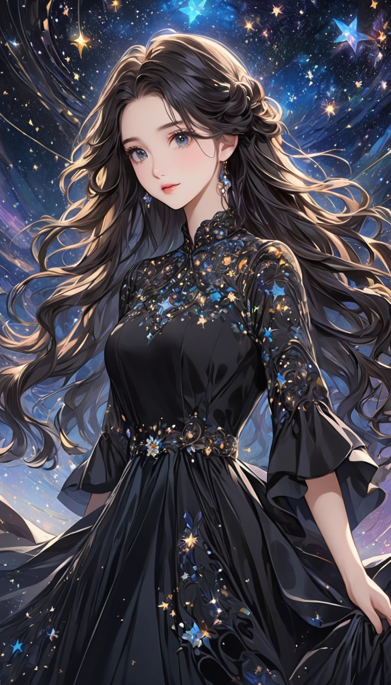   one young girl who can't see the stars、 Very beautiful and orderly face、best black gowns、 wavy hair、Visually beautiful depiction 、 Background is abstract and intricate depiction ,　masterpiece、 best quality 、8k、 detailed illustration art  ,
