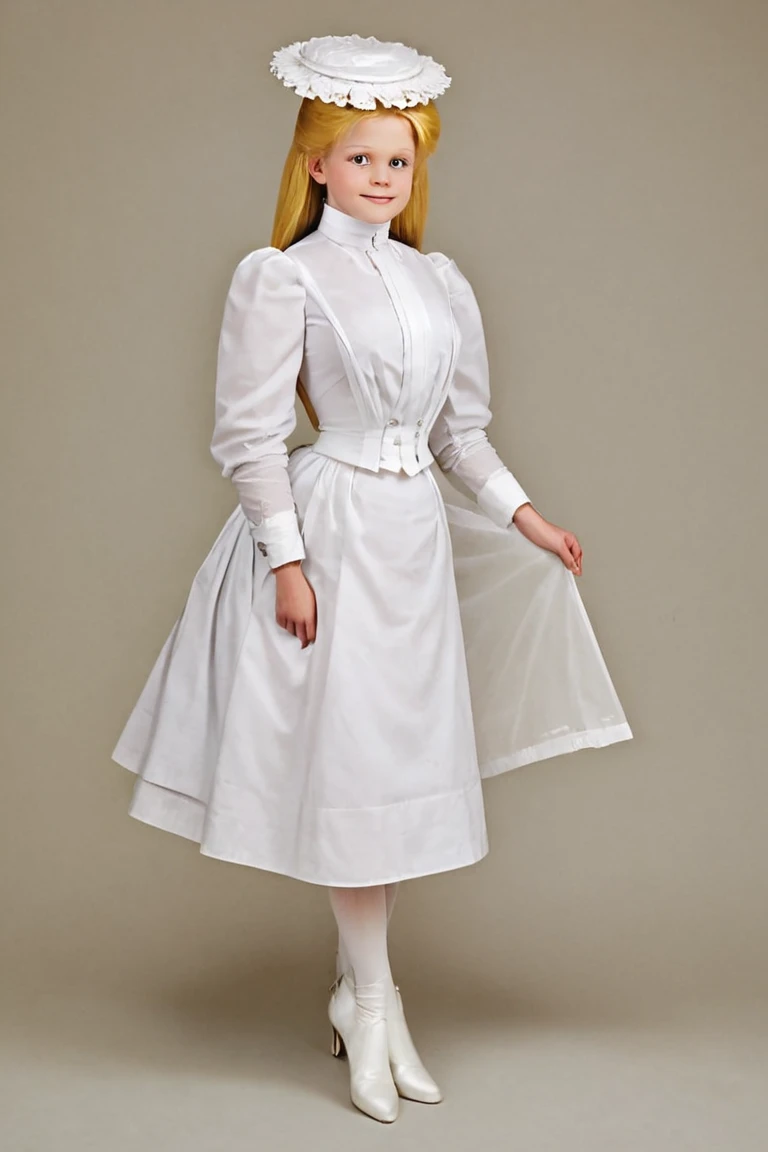 Lisa Simpson as an 8yo girl wearing her Victorian white school uniform. Year 1895. 1890_dress. High-collar long sleeve shirtwaist, ribbon tie, cloak, gloves, knee-high skirt, petticoats, stockings and boots. Long blonde hair.