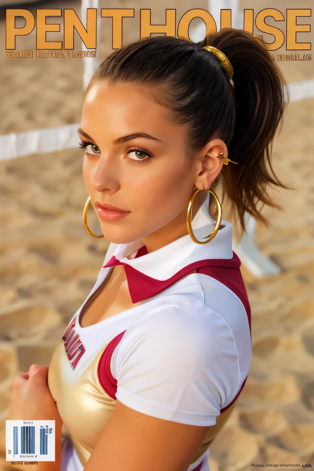breathtaking penthouse-cover of a ( ), (volleyball uniform), English text, text-focus,( high and tight ponytail, gold hoop earrings),. award-winning, professional, highly detailed