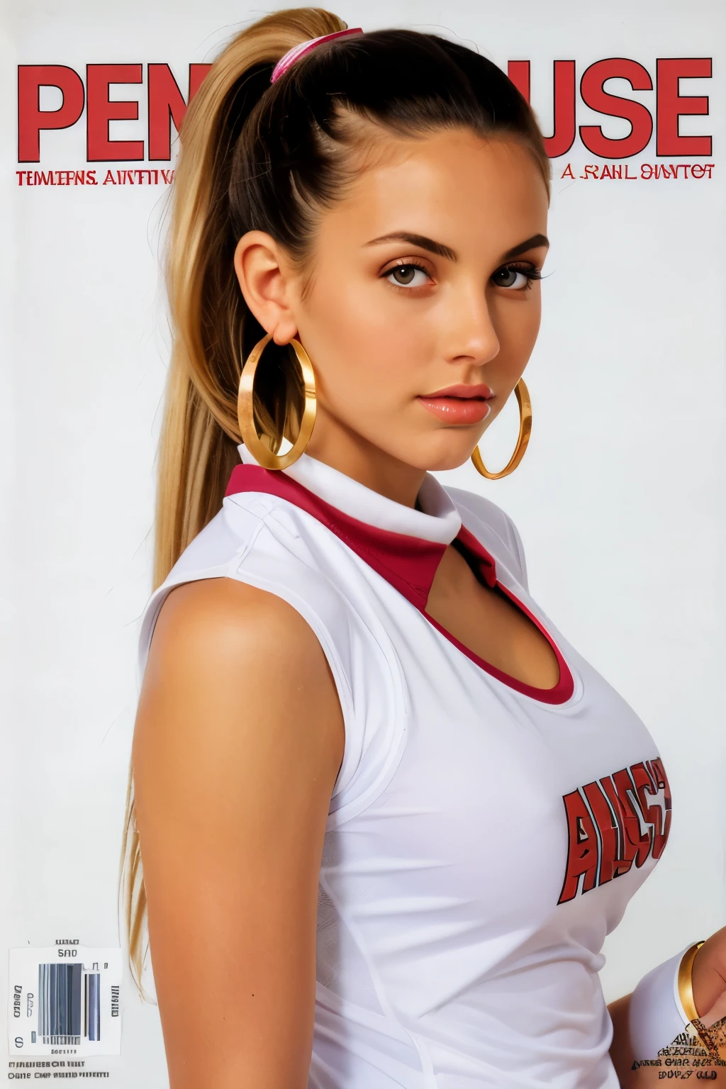 breathtaking penthouse-cover of a ( ), (volleyball uniform), English text, text-focus,( high and tight ponytail, gold hoop earrings),. award-winning, professional, highly detailed