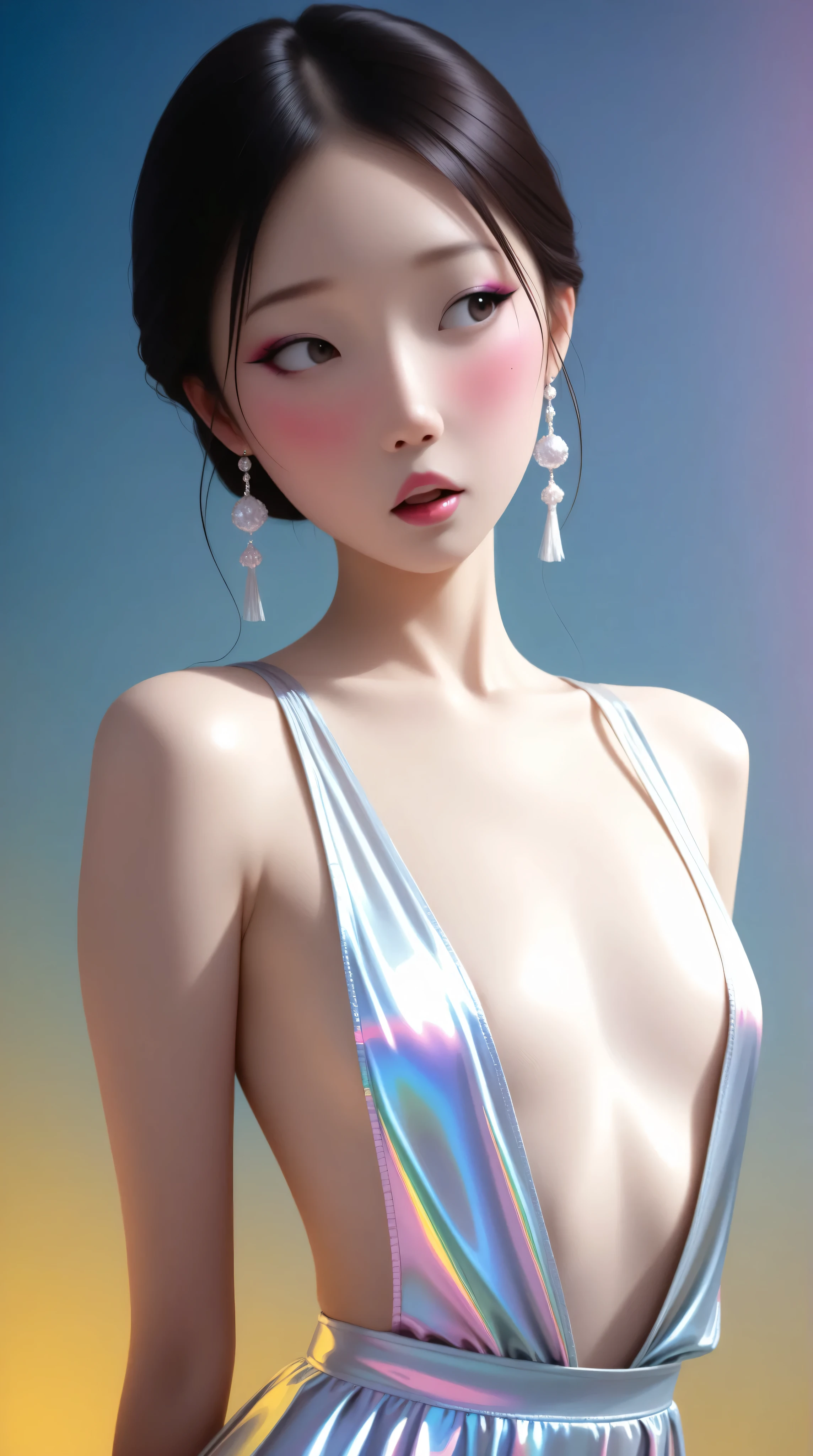 80’s glam rock makeup on shiny android face, asian girl, anime, 2.5D, Glittery face, moody lighting, (purples, pinks, and blues), iridescent face, abstract ai model, pretty, sexy, minimal, sleek, slender, asian, elegant, chic, futuristic, retro, sophisticated half human half machine, mouth open wide, Kizi，(eyes looking off to side), Highly detailed, Amazing work，Vitreous luster, blues, yellows, Best quality at best，shiny skin, colorful background, blue background, yellow background, plunging neckline, sexy pose, dynamic pose, heavy blushing, flat chest, 
