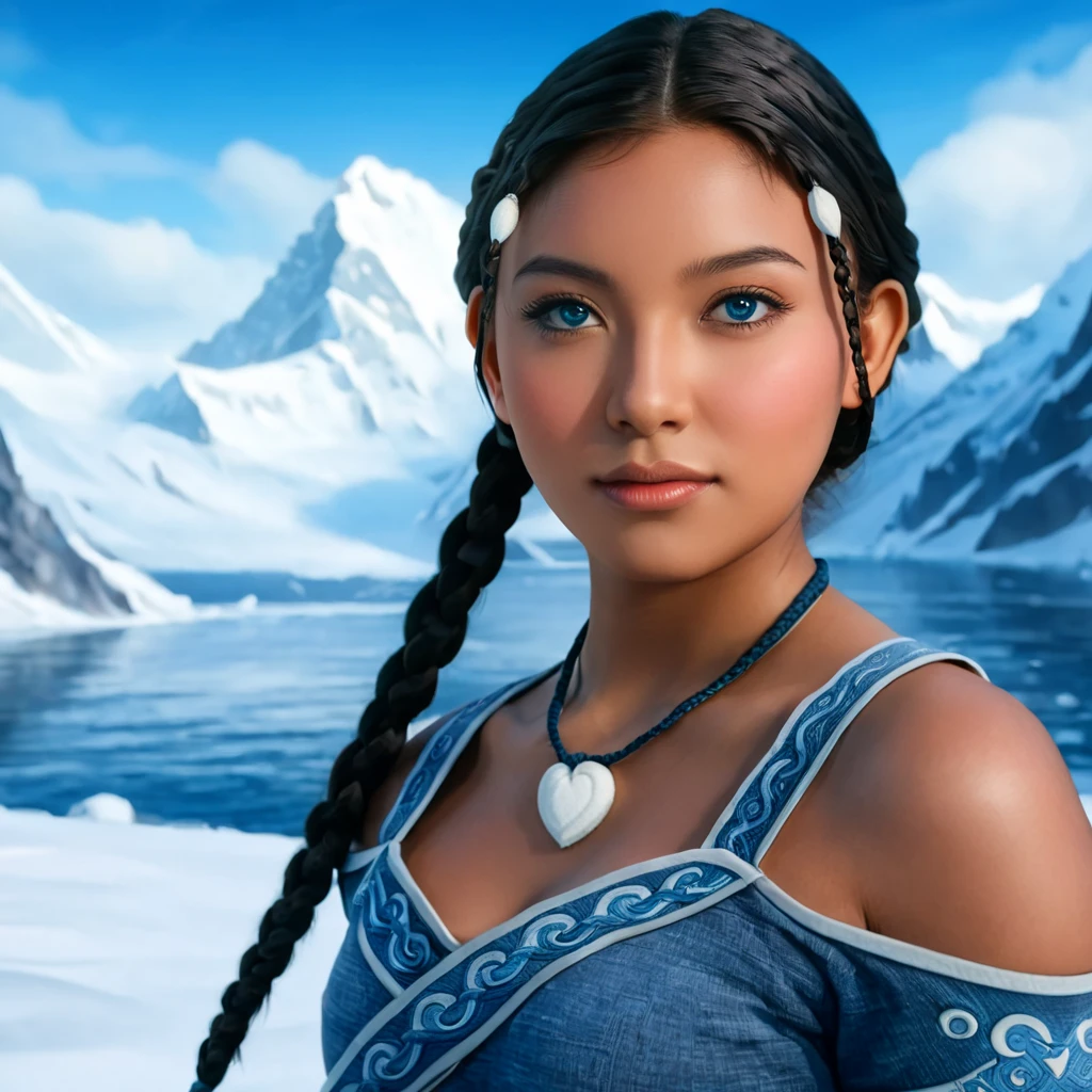 /image type=(photorealistic, cinematic) , /person=(Katara, Avatar: The Last Airbender, anime, detailed face, almond eyes, blue eyes:1.2, dark skin:1.5, braids, peach breasts:1.2, heart butt:1.2, thick thighs:1.4, big ass:1.2, cleavage, seductive expression) , /Scenary=(North Pole, snow mountains, water, room, home, dot, artgerm, illustration, masterpiece, high definition) , /camera angle=(3/4, close-up) , /camera lens=(24mm, f/2.0) , /render quality=(8k, high detail, perfect lighting, realistic details, symmetrical body)