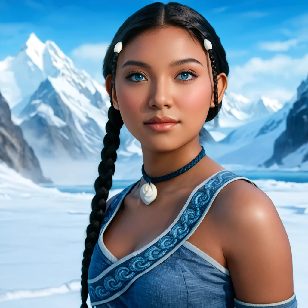 /image type=(photorealistic, cinematic) , /person=(Katara, Avatar: The Last Airbender, anime, detailed face, almond eyes, blue eyes:1.2, dark skin:1.5, braids, peach breasts:1.2, heart butt:1.2, thick thighs:1.4, big ass:1.2, cleavage, seductive expression) , /Scenary=(North Pole, snow mountains, water, room, home, dot, artgerm, illustration, masterpiece, high definition) , /camera angle=(3/4, close-up) , /camera lens=(24mm, f/2.0) , /render quality=(8k, high detail, perfect lighting, realistic details, symmetrical body)