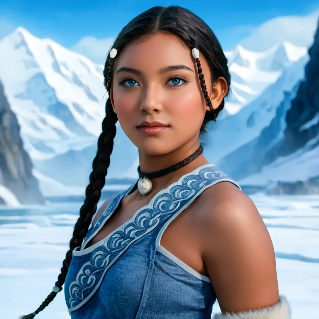 /image type=(photorealistic, cinematic) , /person=(Katara, Avatar: The Last Airbender, anime, detailed face, almond eyes, blue eyes:1.2, dark skin:1.5, braids, peach breasts:1.2, heart butt:1.2, thick thighs:1.4, big ass:1.2, cleavage, seductive expression) , /Scenary=(North Pole, snow mountains, water, room, home, dot, artgerm, illustration, masterpiece, high definition) , /camera angle=(3/4, close-up) , /camera lens=(24mm, f/2.0) , /render quality=(8k, high detail, perfect lighting, realistic details, symmetrical body)