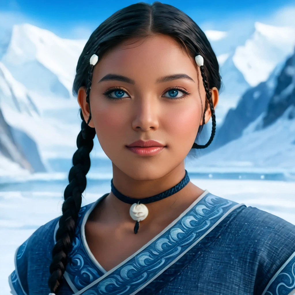 /image type=(photorealistic, cinematic) , /person=(Katara, Avatar: The Last Airbender, anime, detailed face, almond eyes, blue eyes:1.2, dark skin:1.5, braids, peach breasts:1.2, heart butt:1.2, thick thighs:1.4, big ass:1.2, cleavage, seductive expression) , /Scenary=(North Pole, snow mountains, water, room, home, dot, artgerm, illustration, masterpiece, high definition) , /camera angle=(3/4, close-up) , /camera lens=(24mm, f/2.0) , /render quality=(8k, high detail, perfect lighting, realistic details, symmetrical body)