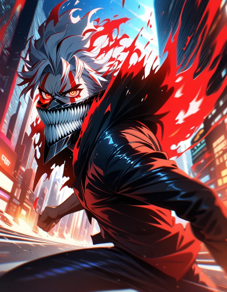 score_9, score_8_up, score_7_up, source_anime, BREAK, 1boy, solo, looking at viewer, Ken Takakura, transformation, fiery multicolored hair (white and red), glowing red eyes, intense facial mark, jaw mask with sharp teeth, from side, angry, dynamic pose, swirling energy effects, vibrant neon particles, high-contrast lighting, ultra-detailed anime style, futuristic urban cityscape at night, chaotic atmosphere, cinematic composition, masterpiece, ultra-realistic, running at light speed