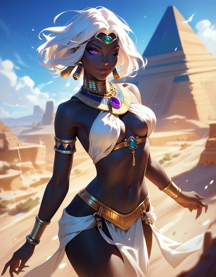 (masterpiece: 1.2, best quality), (1milf, solo), big breasts, elves, elf ears, (dynamic position), (shiny skin, darkskin), black dress, (Sahara Desert), black ponytail, brians, (jewellery, gold ornaments:1.15 ), white hair, large pelvis