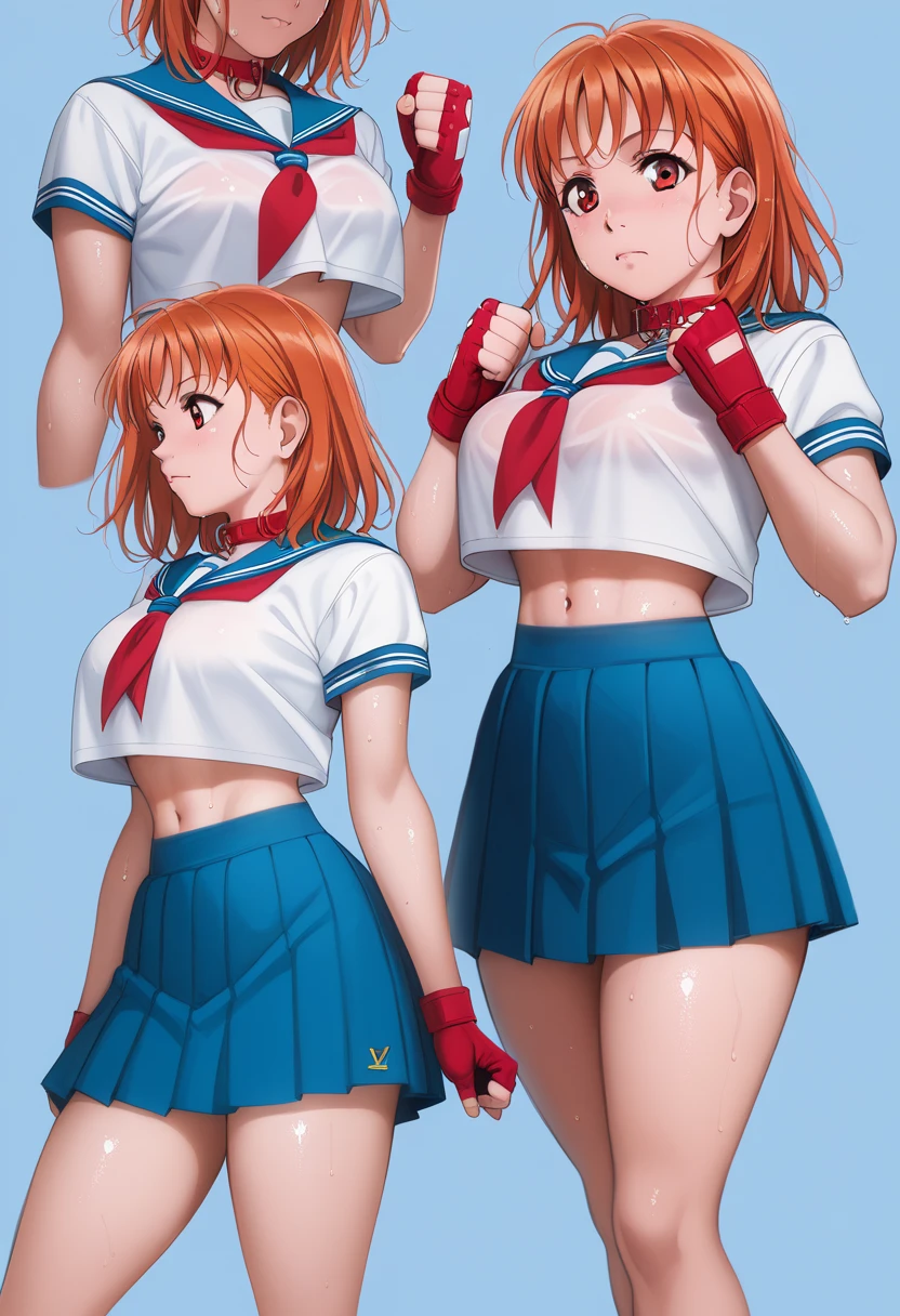 Solo,1girl, takami chika, medium hair, orange hair, red eyes,standing, sporty athletic build, confident pose, big breasts, breasts outlines, score_9, score_8_up, score_7_up, score_6_up,blue skirt, crop top, midriff, miniskirt, navel, sailor collar, school uniform, short sleeves, skirt, stomach, shirt, white shirt, red fingerless gloves,sweating, detailed body, shiny skin , p4l0m4, web comic,toned thighs, posing, simple background, clenched hands, slightly from side