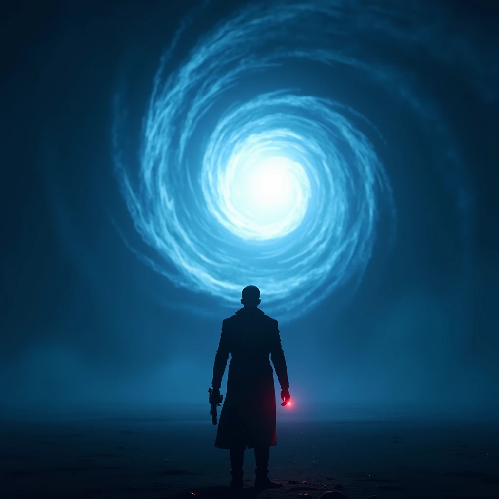  “Silhouette of the agent with his back ,  looking at an immense blue vortex that extends to the horizon in an empty space.  The device in his hand emits a faint red light .