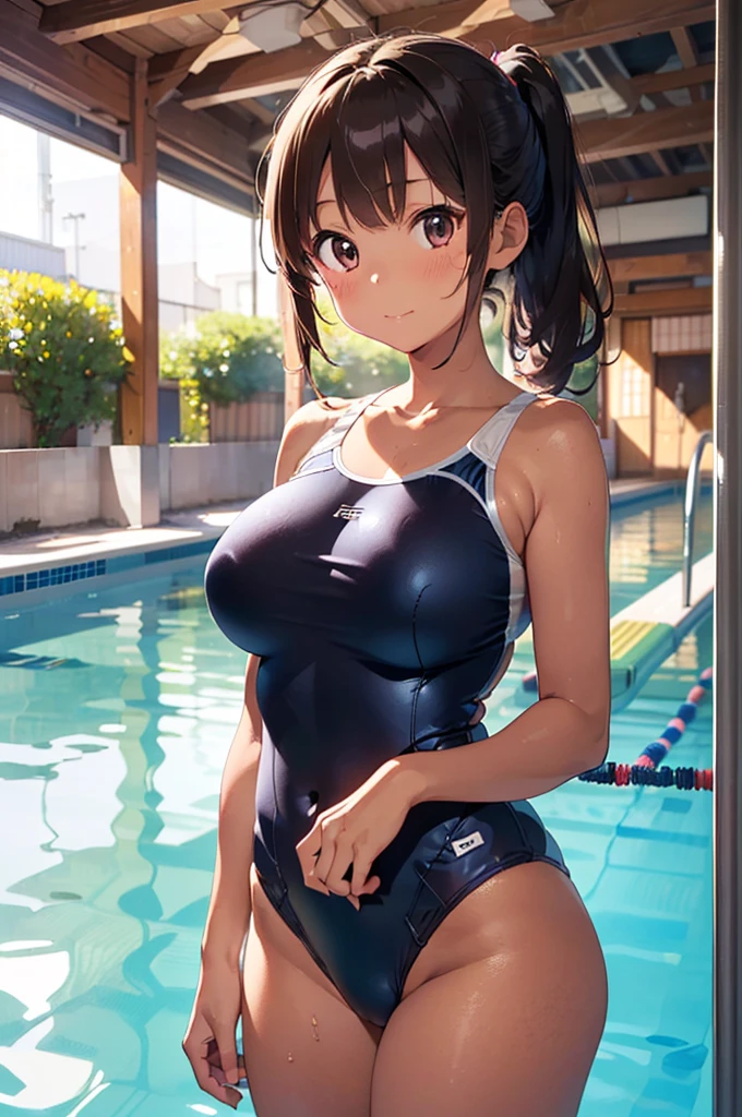 shy voluptuous girl, undersized school swimwear, school swimming pool, other students, ashamed, wet, drop