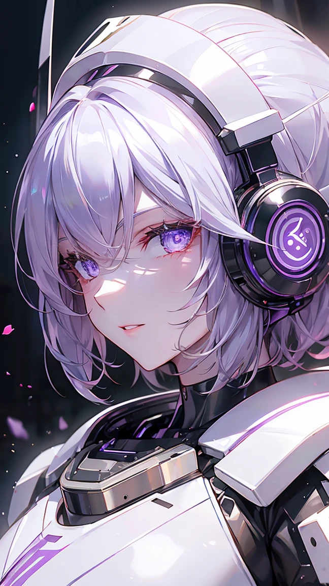 ((violet)), short hair , Bloodshot eyes, Cinema Lighting, Bust Chart, retina, ( High Quality ), Accurate, ((最 High Quality )), perfect detail, ((Natural white skin, )),16k, Astronaut, Scattering Dust ,She's looking at us, Futuristic headphones,