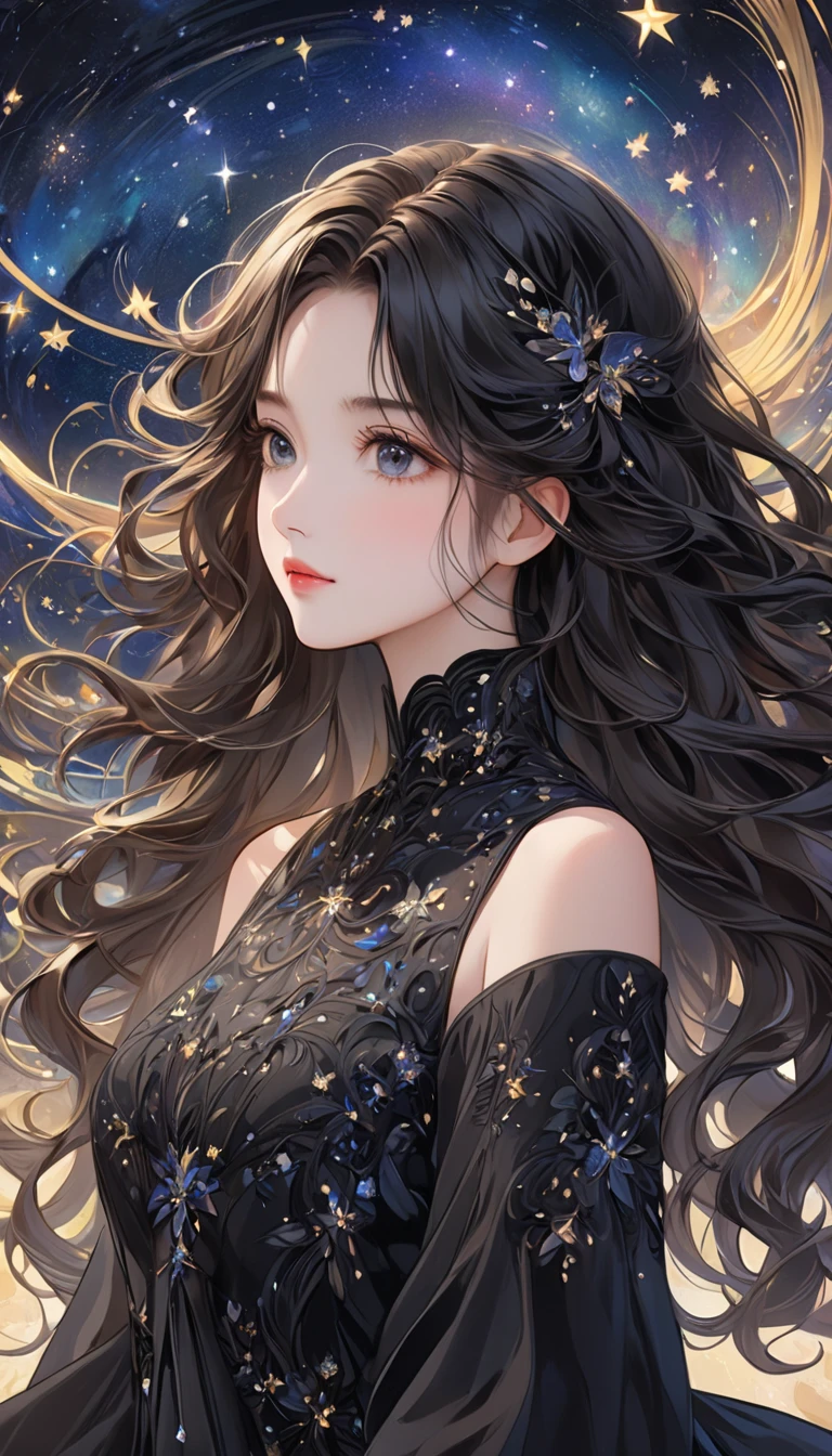   one young girl who can't see the stars、 Very beautiful and orderly face、best black gowns、 wavy hair、Visually beautiful depiction 、 Background is abstract and intricate depiction 、masterpiece、 best quality 、8k、 detailed illustration art 、