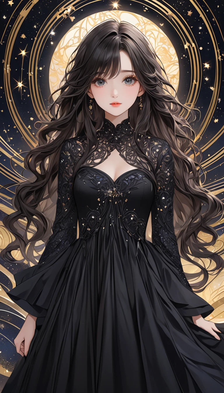   one young girl who can't see the stars、 Very beautiful and orderly face、best black gowns、 wavy hair、Visually beautiful depiction 、 Background is abstract and intricate depiction 、masterpiece、 best quality 、8k、 detailed illustration art 、