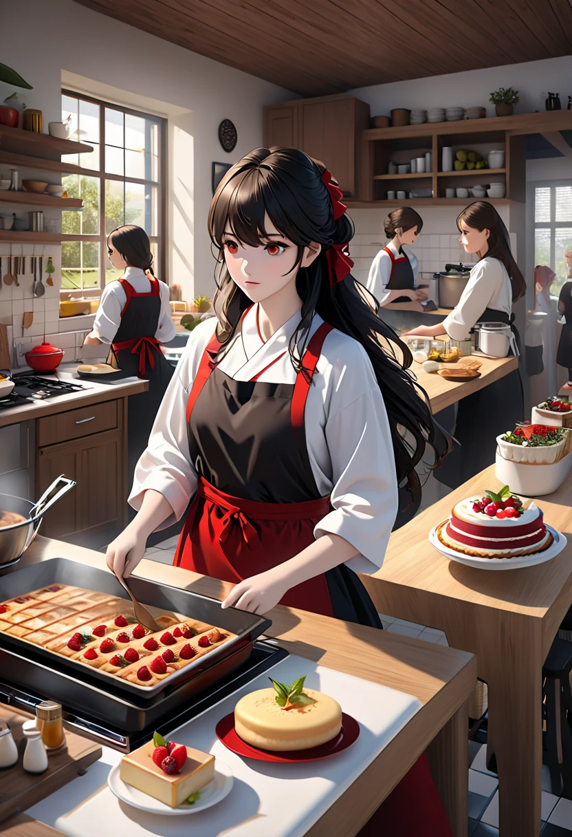  (([red|black] hair)), long hair, wearing a black apron, cooking,  Audience , kitchen, Cakes and pies in the background, indoor, ( Calm Sounds :1.0), ( high definition:1.25), ( art station :1.2), dramatic, ( intricate detail :1.14), ( Hyperrealistic 3D Rendering :1.16), (Movie:0.55), ( Rutkovsky :1.1)