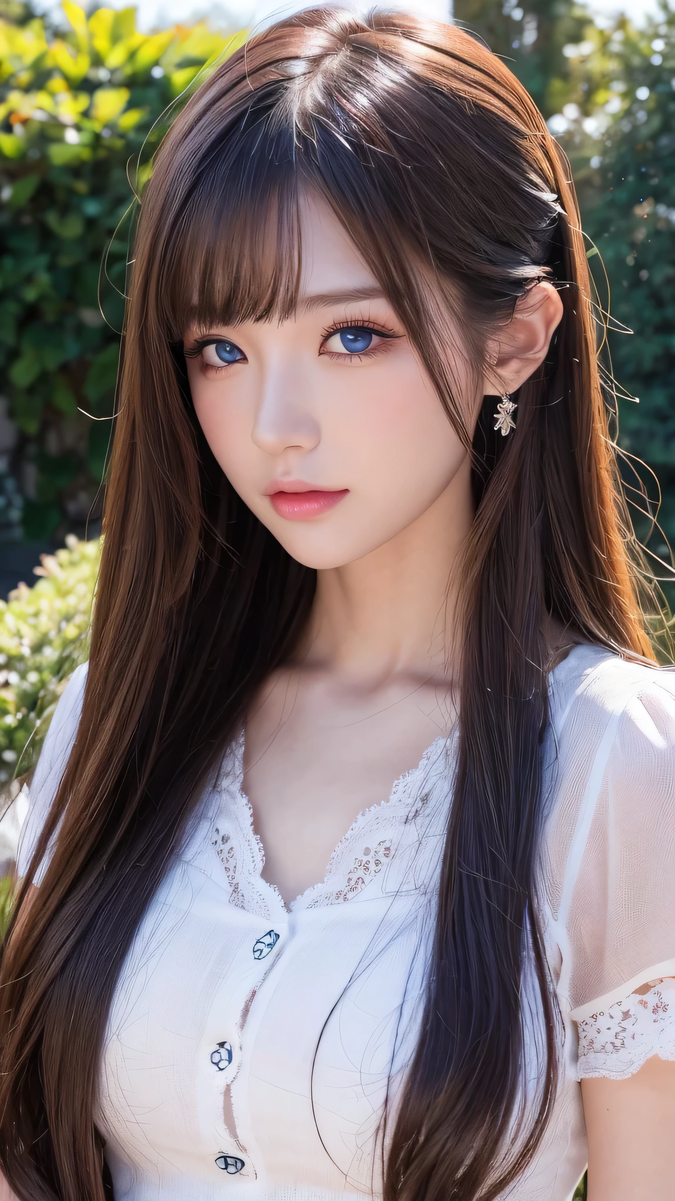  High Quality , 最 High Quality , photo- realistic , Original photo,  realistic , ultra  realistic  8k きれいな空の下、  Ultra Details,  High Definition , masterpiece,  1 girl,  long hair,  maroon hair in the garden,  blue eyes,  face details、 detail face&Eye, close-up,  complicated details,  detailed texture with helmet in hand,  detailed , full body high quality image 、Beautiful sky with grass all over。