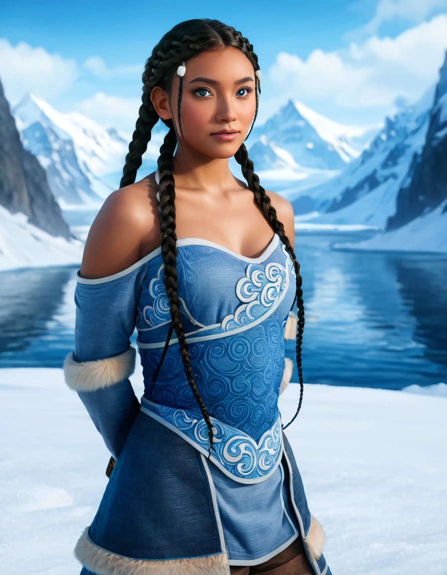 /image type=(photorealistic, cinematic) , /person=(Katara, Avatar: The Last Airbender, anime, detailed face, almond eyes, blue eyes:1.2, dark skin:1.8, braids, peach breasts:1.2, heart butt:1.2, thick thighs:1.4, big ass:1.2, cleavage, seductive expression) , /Scenary=(North Pole, snow mountains, water, room, home, dot, artgerm, illustration, masterpiece, high definition) , /camera angle=(3/4, close-up) , /camera lens=(24mm, f/2.0) , /render quality=(8k, high detail, perfect lighting, realistic details, symmetrical body)