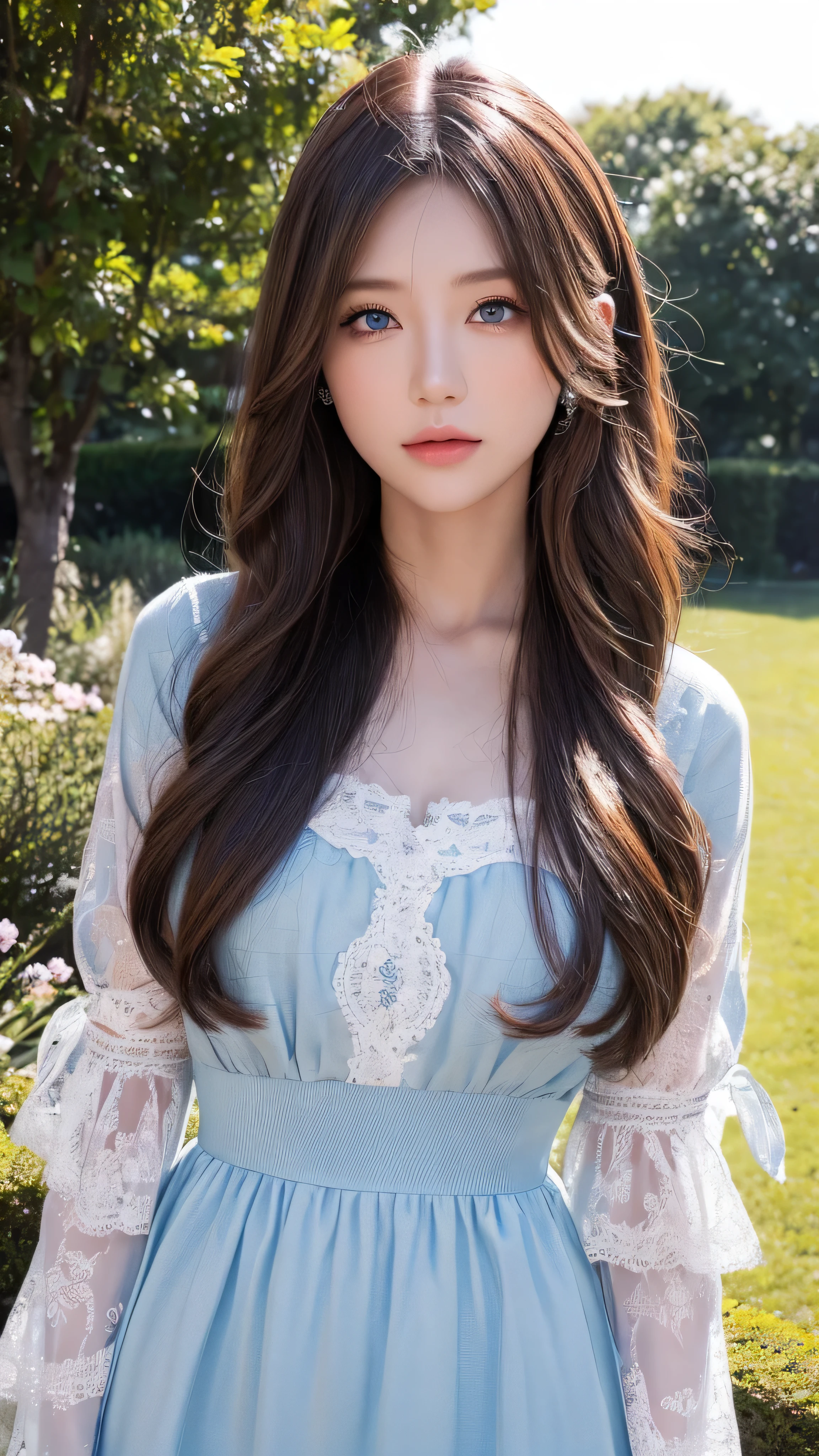  High Quality , 最 High Quality , photo- realistic , Original photo,  realistic , ultra  realistic  8k きれいな空の下、  Ultra Details,  High Definition , masterpiece,  1 girl,  long hair,  maroon hair in the garden,  blue eyes,  face details、 detail face&Eye, close-up,  complicated details,  detailed texture with helmet in hand,  detailed , full body high quality image 、Beautiful sky with grass all over。