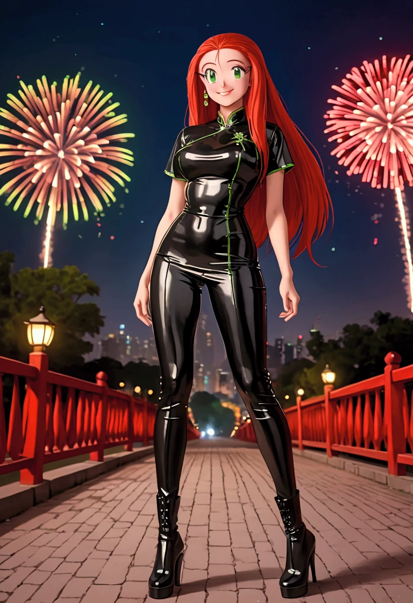 A beautiful woman, long red hair, green eyes, big tits, black latex Qipao shirt, blacklatex pants, black woman boot, a happy smile, in the night, fireworks in the sky.  