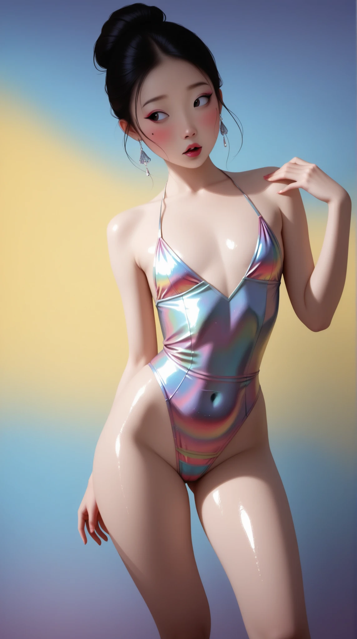 Angelic Very beautiful cute girl,gal make, (Beautiful detailed eyes:1.2), Detailed double eyelids, (Large eyes:1.4), Long straight brown hair, see-through bangs, Shiny hair, Sharp Focus, beautiful detailed face and eyes, drooping eyes ,(transparent holographic swimsuit:1.4) ,(transparent holographic Thigh boot up to above the knee:1.3),(high-leg swimsuit),walking small nose, Small mouth, happy smiling with visible teeth ,Standing,Beautiful legs,walking, ((Best Quality)), Raw photo, ultra high resolution, perfect detail, professional photograpy, Professional lighting,Strong lighting for swimsuits