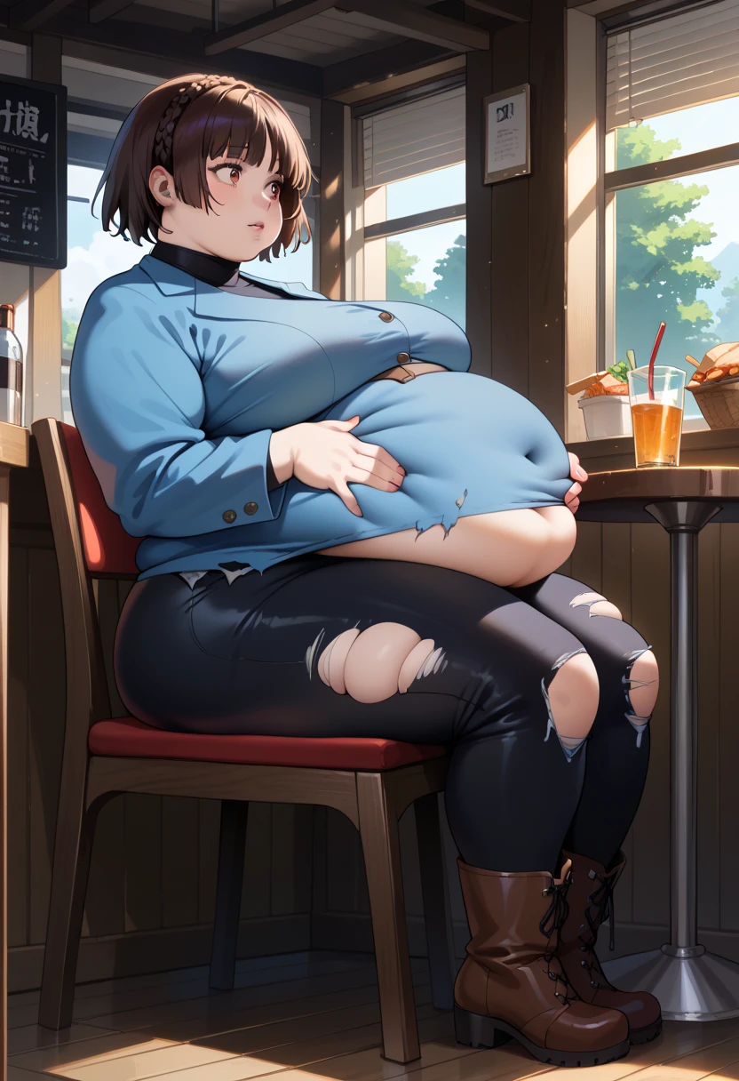 score_9, score_8_up, score_7_up,source_anime, 1girl, solo, winMako, short hair, crown braid, blue jacket, black turtleneck, long sleeves, black pants, brown knee boots, torn pants, ripped clothes, hanging belly, belly, immobile, ,obese, fat, fat rolls, big belly, thick arms, thick thighs, bellyfat, morbidly obese, she has a massive jiggly round fat belly, wide hips, chubby, very curvy, pudgy belly, heavy belly, thick, thick, soft belly, sexy hips, legs spread apart, ((massive hips)), (big belly), big breasts, chubby arms, belly rolls, hand on belly, restaurant, sitting down, sitting in chair, table, from side,