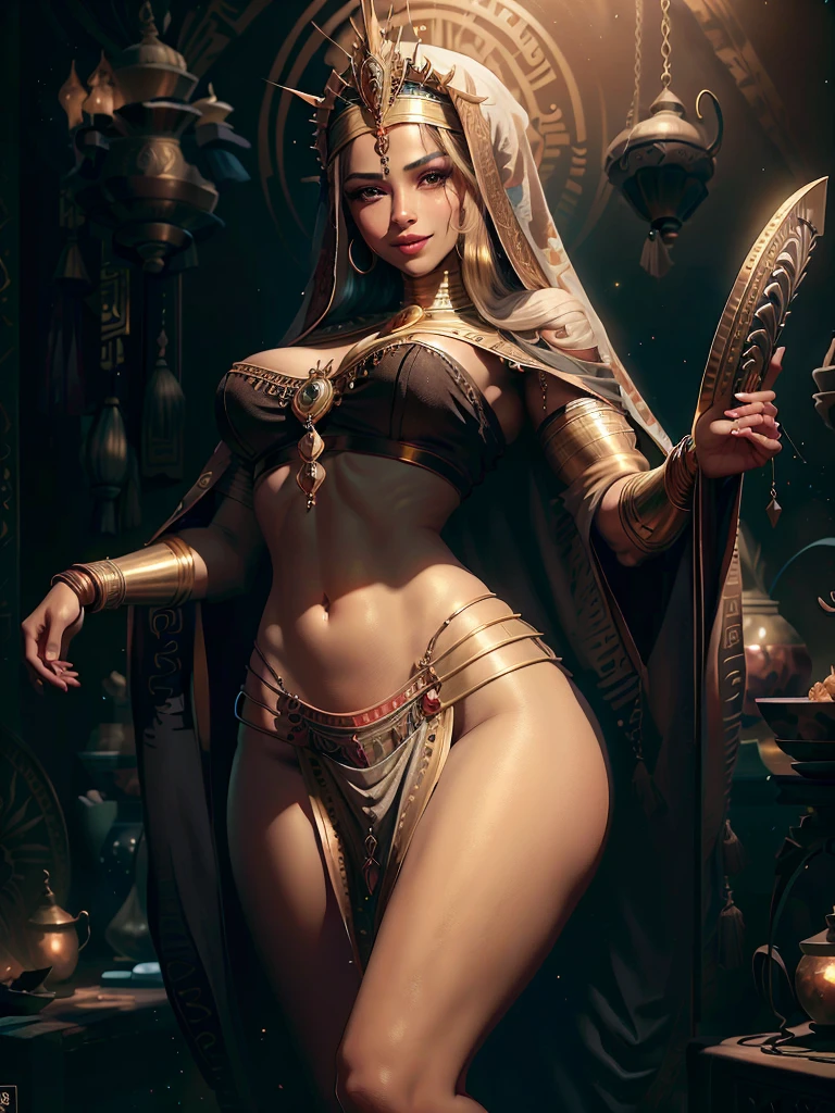 (masterpiece, best quality, ultra detailed, photorealistic, detailed attractive face, perfect face), (bewitching priestess, (white hair), amber eyes, very long hair, egyptian haircut, (dark skin:1.2)), (regal silk robes, white and gold robes, transculent robes), (skimybrobes:1.2), (tanned skin, (huge breasts:1.1), slim waist, wide hips), (sandstone egyptian temple, pyramid interior), detailed eyeshadow, perfect body, ((curvy body)), (shiny skin:1.1), beautiful detailed eyes, (detailed skin:1.4), ((studio controled lighting)), (hourglass figure:1.5), (pinup pose, seductive pose), ((looking at viewer, facing front)), (solo:1.5), ultra realistic, (best shadow), (depth of field), (in desert temple), RAW photo, (dimly lit interior), sharp focus, (full body), (photograph, photo, photogenic, rule of thirds),