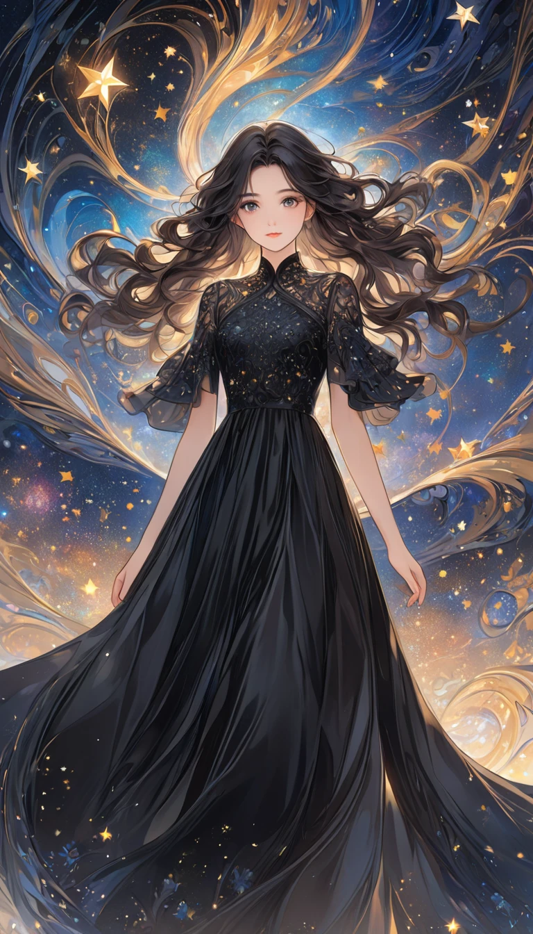   one young girl who can't see the stars、 Very beautiful and orderly face、best black gowns、 wavy hair、Visually beautiful depiction 、 Background is abstract and intricate depiction 、masterpiece、 best quality 、8k、 detailed illustration art 、