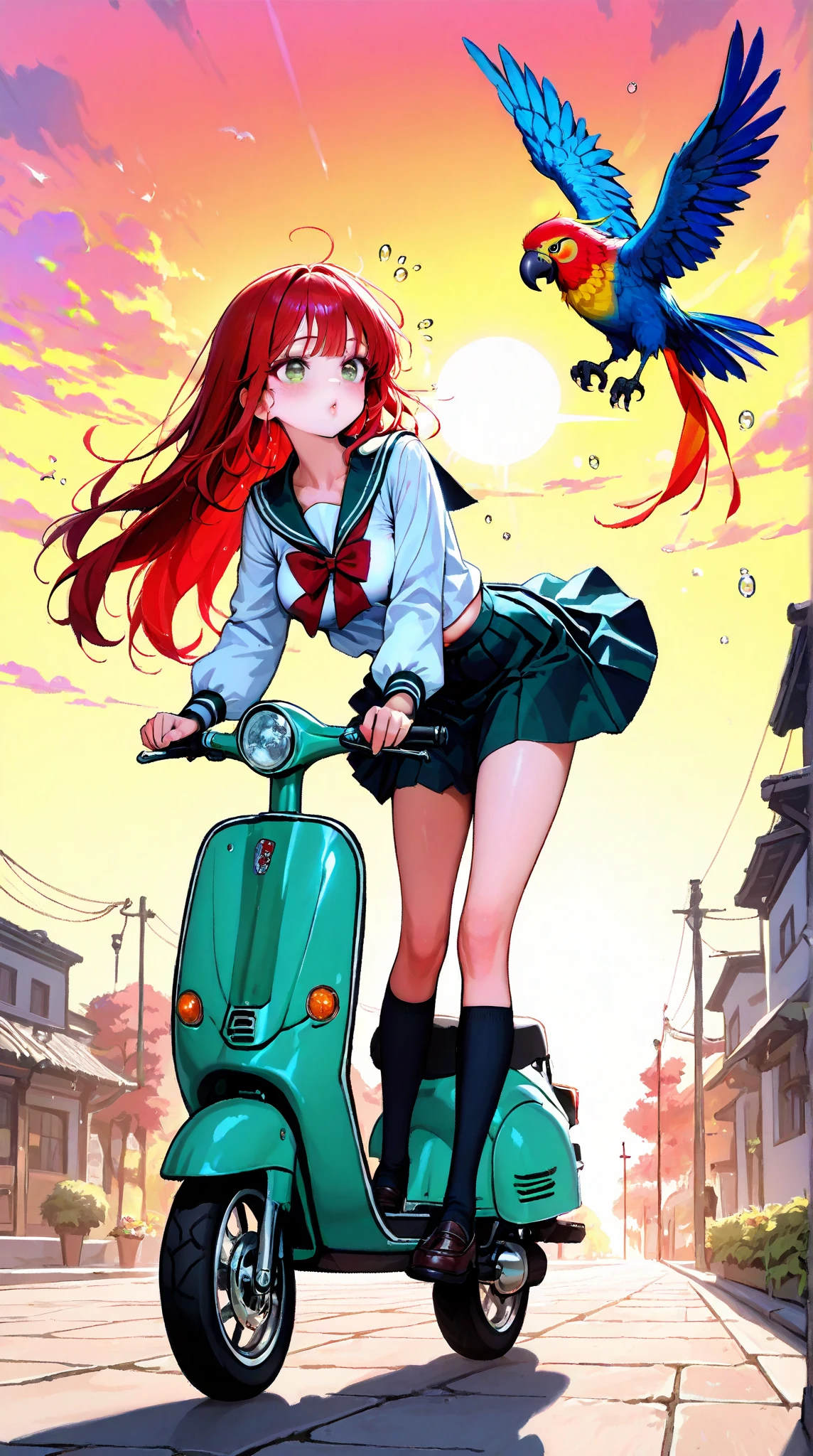  A beautiful young Korean woman .
 red hair , gigante,  long to the feet , fluttering,  floating in the wind .
 Emerald green eyes , crystalline, expressive, obfuscatings, incandescent, bioluminescentes. 
 Very fleshy lips , Red color.
thin neck.
medium breasts, very pointed , Duro.
 Long legs, thin and defined . 
skinny belly, delicate.
 Wearing traditional Korean school uniform,  
Expression of happiness ,  euphoria.
 He has his hands around his waist . 
 He's riding a scooter in a sexy and provocative square .
 In the background a sparkling sunset , obfuscating. 
The sun's rays cross the clouds .
raindrops.
 macaw .