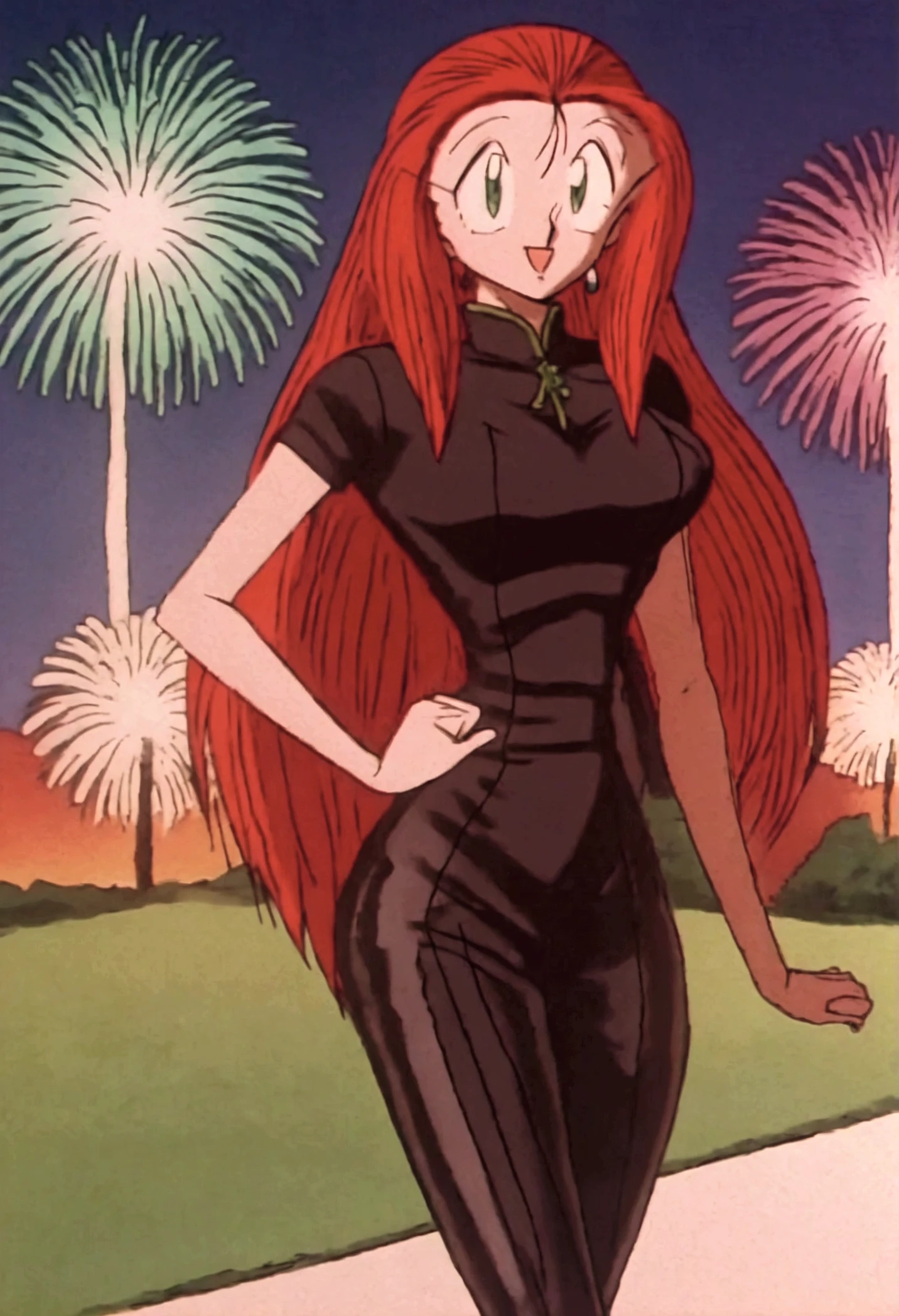 A beautiful woman, long red hair, green eyes, big tits, black latex Qipao shirt, blacklatex pants, black woman boot, a happy smile, in the night, fireworks in the sky.  