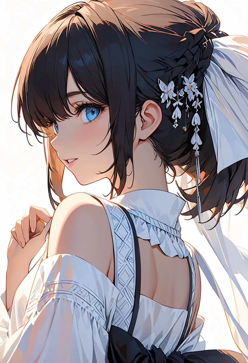 Masterpiece,  best quality ,  ULTRA DETAIL,  best shadow,  beautiful detailed faces,  beautiful eyes in every detail  ,  high contrast ,,  from the side 1 girl ,  small, ( flat chest), bangs,  hair covering one eye, Black bare shoulders,,  White Background :1.3, ((from behind:1.3)), teeth,