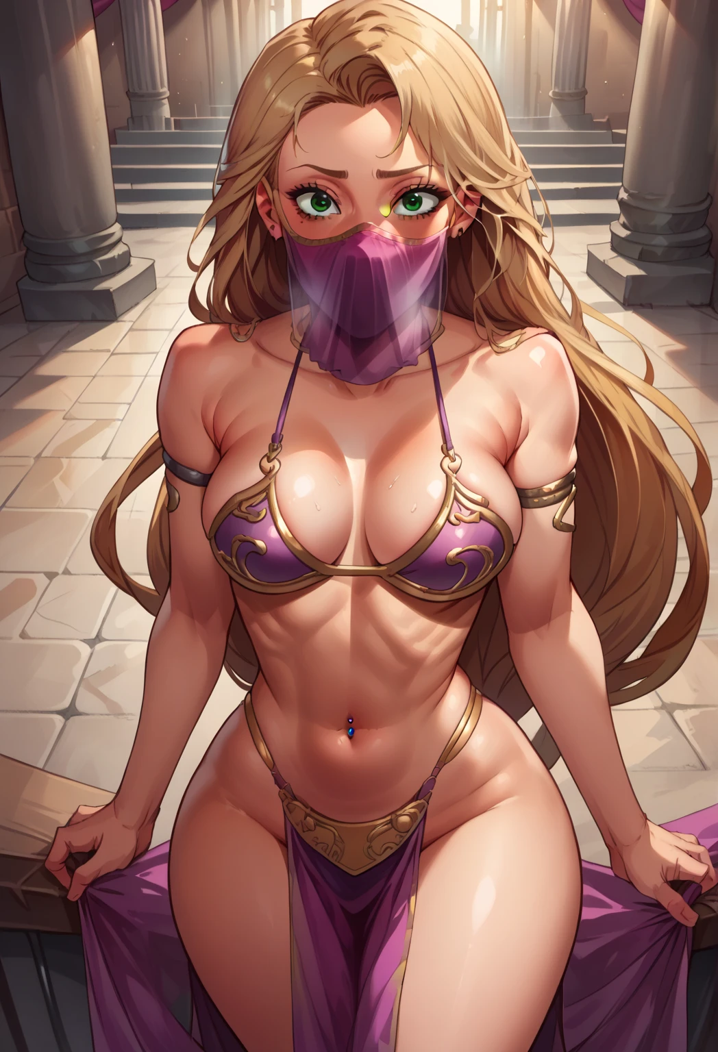 She has long blonde hair cascading down her back.Piercing blue eyes. Her outfit consists of delicate, thin chains and ornamental pieces that barely cover her body. mouth veil , with intricate jewelry adorning her neck, arms, and waist. evil smile, subservient, large breast, egyptian style clothng, full body shot, purple clothes, belly dancer outfit