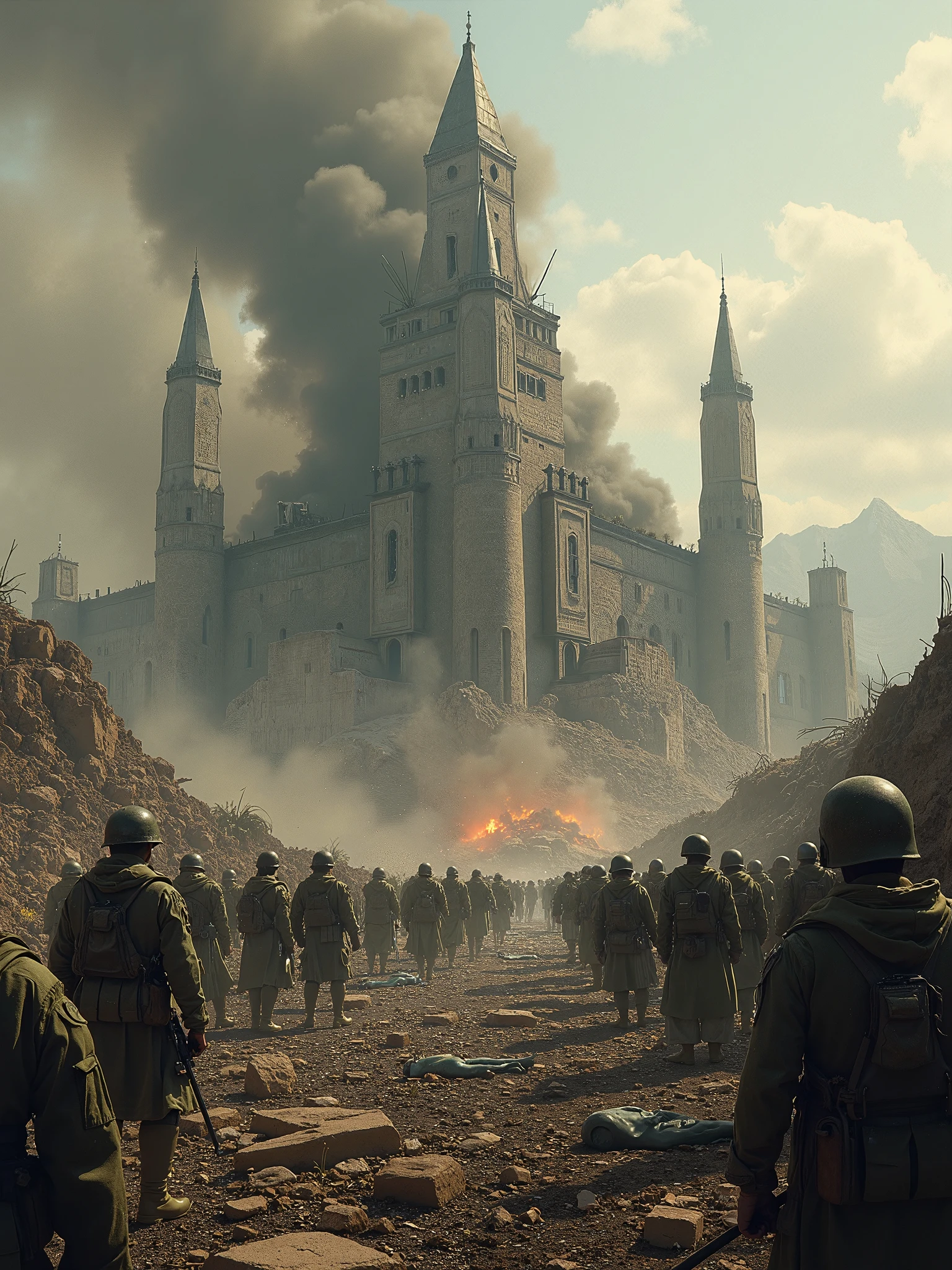 arafed image of a group of soldiers standing in front of a building, chris nolan movie, kremlin towers are destroyed, with a castle in the background, vfx render, inspired by Hermann Feierabend, pyrotechnics, screengrab, stalingrad, art direction, golem, inspired by Kazimierz Wojniakowski --auto --s2