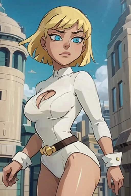 (cowboy shot), sfw, (artwork), CARTOON, ANIME, CARTOON ARTSTYLE, (Detailed face:1.2), (Detailed eyes:1.2), (Hourglass figure:1.2) BREAK Galatea, 1girl, aqua eyes, short blonde hair, midair, flying, smug white leotard, gold belt, cleavage cutout BREAK She's crossing her arms, she's looking at the camera with an unimpressed and annoyed look on her face BREAK (flying above the city streets, outdoors, gorgeous view)
