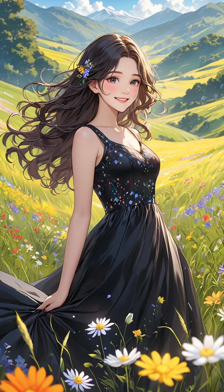   one young girl who can't see the stars、 Very beautiful and orderly face、best black gowns、 wavy hair、Visually beautiful depiction 、 smiling 、Create an animated version of a woman with 、grassland、Wildflowers、 bright color、masterpiece、 best quality 、8k、 detailed illustration art 、