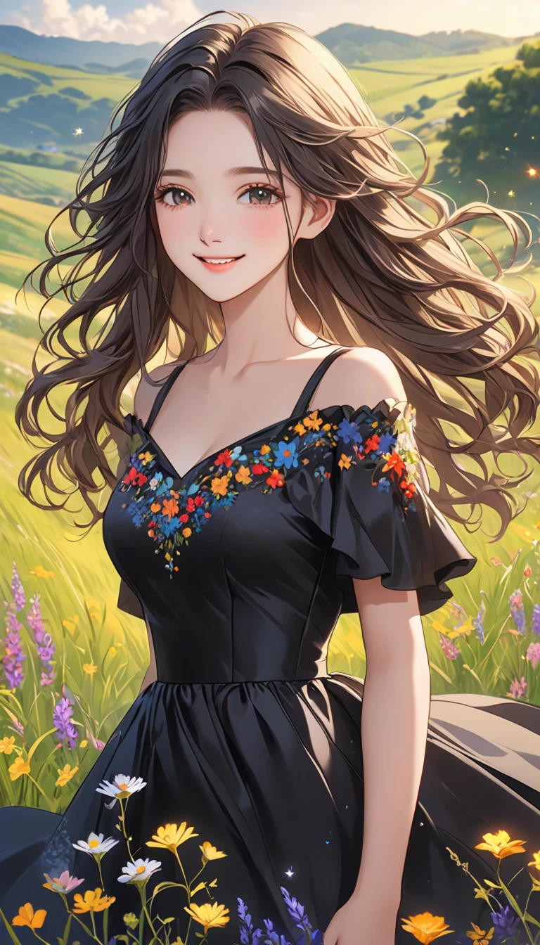   one young girl who can't see the stars、 Very beautiful and orderly face、best black gowns、 wavy hair、Visually beautiful depiction 、 smiling 、Create an animated version of a woman with 、grassland、Wildflowers、 bright color、masterpiece、 best quality 、8k、 detailed illustration art 、