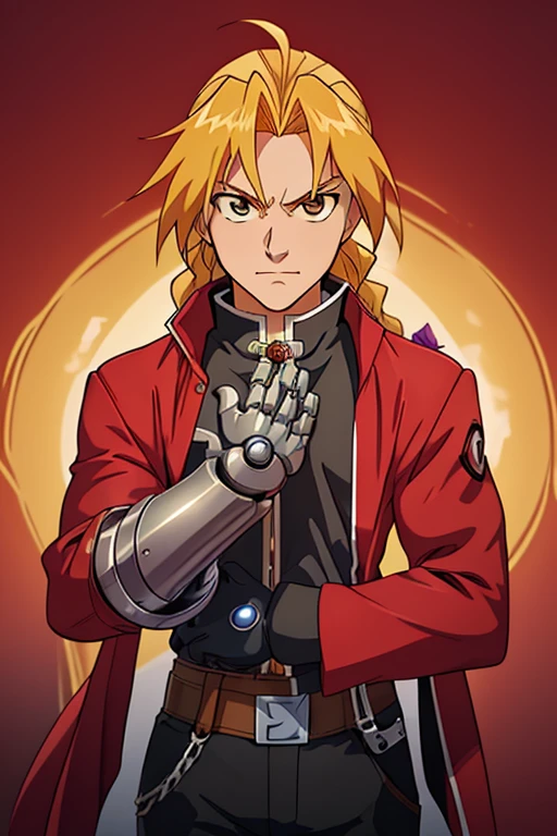 (masterpiece:1.2, best quality:1.2),anime artwork realistic,  EdwardElricQuiron, 1boy,    a single metallic mechanical arm, white gloves, red jacket, long hair, male focus, single braid,  solo, . anime style, key visual, vibrant, studio anime, highly detailed