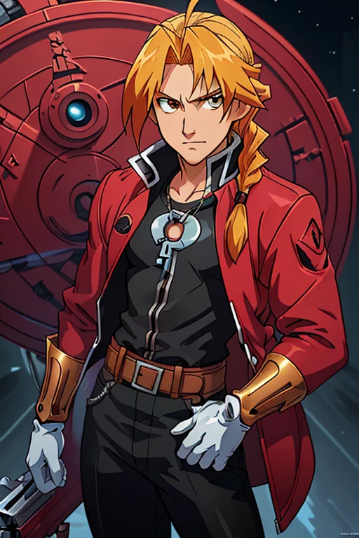 (masterpiece:1.2, best quality:1.2),anime artwork realistic,  EdwardElricQuiron, 1boy,    a single metallic mechanical arm, white gloves, red jacket, long hair, male focus, single braid,  solo, . anime style, key visual, vibrant, studio anime, highly detailed