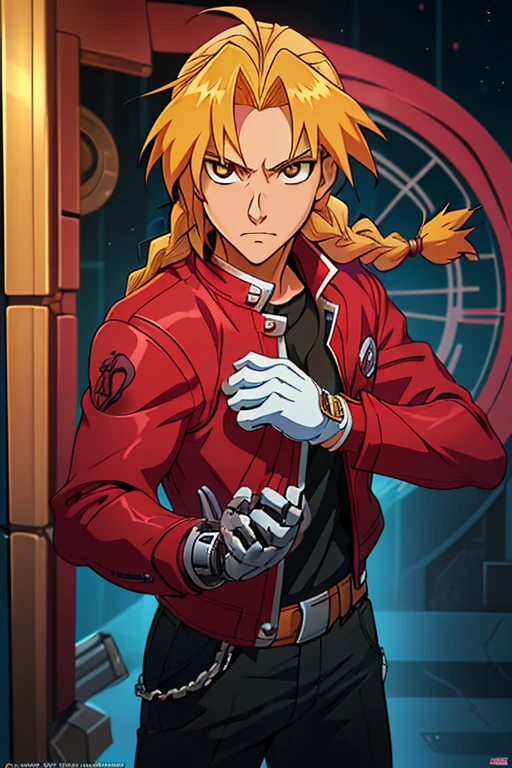 (masterpiece:1.2, best quality:1.2),anime artwork realistic,  EdwardElricQuiron, 1boy,    a single metallic mechanical arm, white gloves, red jacket, long hair, male focus, single braid,  solo, . anime style, key visual, vibrant, studio anime, highly detailed