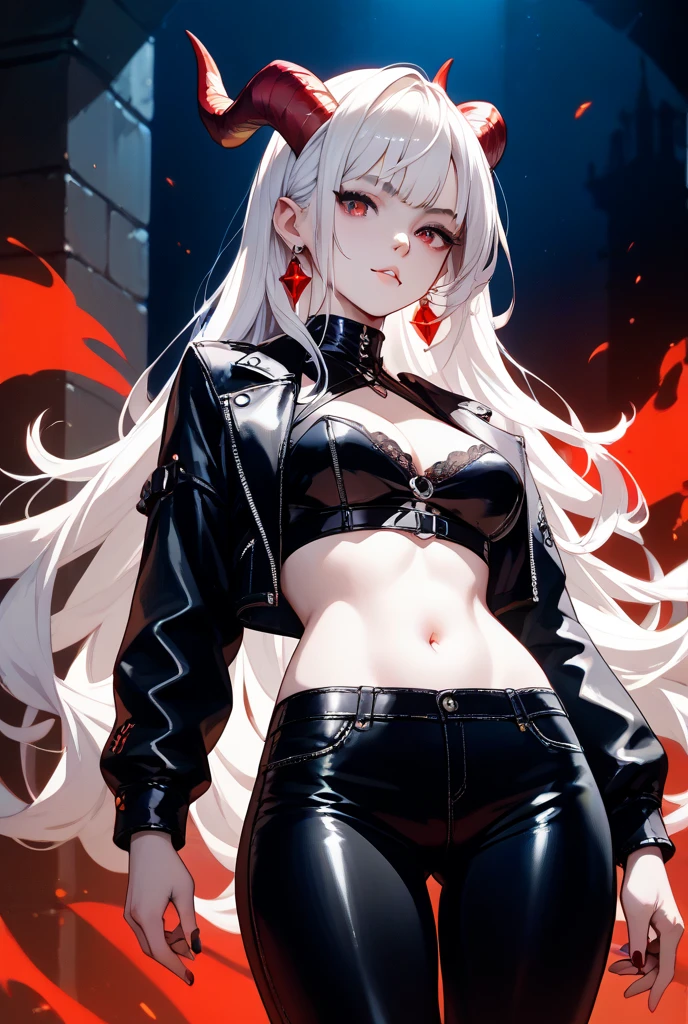 The image now depicts a seductive vampire standing on a moonlit cobblestone street in an old European city. Her leather jacket remains, but it's now adorned with ancient occult symbols and a "NIGHT STALKERS" patch. Her crop top is replaced by a deep red corset, and her jeans by tight black leather pants.

Her skin is unnaturally pale, contrasting with blood-red lips and elongated fangs barely visible as she smirks at the viewer. Her eyes glow with an eerie amber light, and her wavy hair now has streaks of midnight blue.

The background transforms into a misty, gothic cityscape. Gas lamps cast a flickering, ominous light on crumbling stone buildings. Gargoyles leer from rooftops, and wrought-iron fences line the street. The motorcycle in the foreground becomes a sleek, black mechanical beast with glowing red accents.

Shadowy figures lurk in doorways, hinting at a hidden vampire society. A full moon hangs low in the sky, bathing the scene in an otherworldly silvery light.

The color palette shifts to deep purples, inky blacks, and rich crimsons, creating an atmosphere of supernatural allure and danger. Wisps of fog curl around the vampire's feet, adding to the mystical ambiance.

This reimagined composition maintains the confident pose of the subject but infuses the scene with elements of gothic horror and vampire lore, transforming a modern urban setting into a timeless realm of dark fantasy.