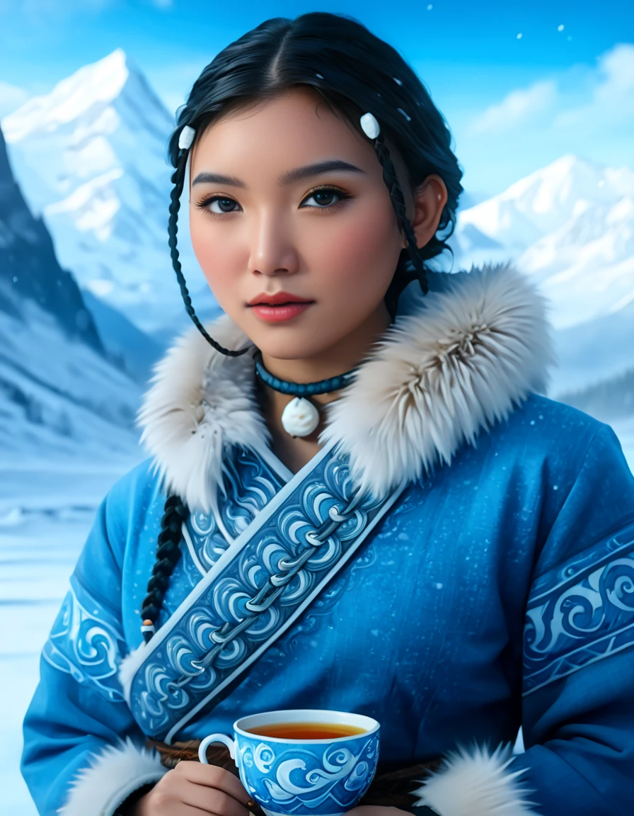 1 woman, Katara from Avatar: The Last Airbender, hyper-detailed portrait, cinematic lighting, (anime-inspired realism), (waterbender tools: intricately detailed tea cup, waterbending artifacts), ((North Pole home, snow-covered mountains, winter elements, icy weather, snowflakes in the air)), (artwork by Artgerm, hyper-realistic:1.4), (photorealistic details with perfect lighting, lens flare, enhanced texture), (detailed collar, perfectly highlighted in fur and fabric), ((blue eyes:0.6)), (dark skin with high contrast lighting), ((almond-shaped eyes, Asian-inspired features with vibrant blue color)), (braids in the front, long braid in the back, flawless hair detail), (oval face, highly detailed, symmetrical facial structure, seductive yet gentle expression), (full peach-shaped breasts, heart-shaped buttocks), ((thick thighs:1.2)), ((large hips, full figure)), (cleavage visible, refined and elegant), (tea ceremony setting, sitting calmly, traditional water tribe decor), (highly detailed snow-covered background:1.2, mountains in the distance, frosty windows), (masterpiece artwork:1.4), (high-definition quality, realistic textures, stunning details in clothing and accessories), (perfect body symmetry and anatomy, perfect fingers, hands, feet, legs, fully detailed), (cinematic 3-point lighting setup, amazing color contrast), (close-up portrait:1.2, realistic depth of field, soft bokeh), (wide-angle camera angle, 24mm lens, excellent composition), (tribal Water Tribe attire, fur-lined dress with intricate patterns), (perfect focus, excellent rendering).