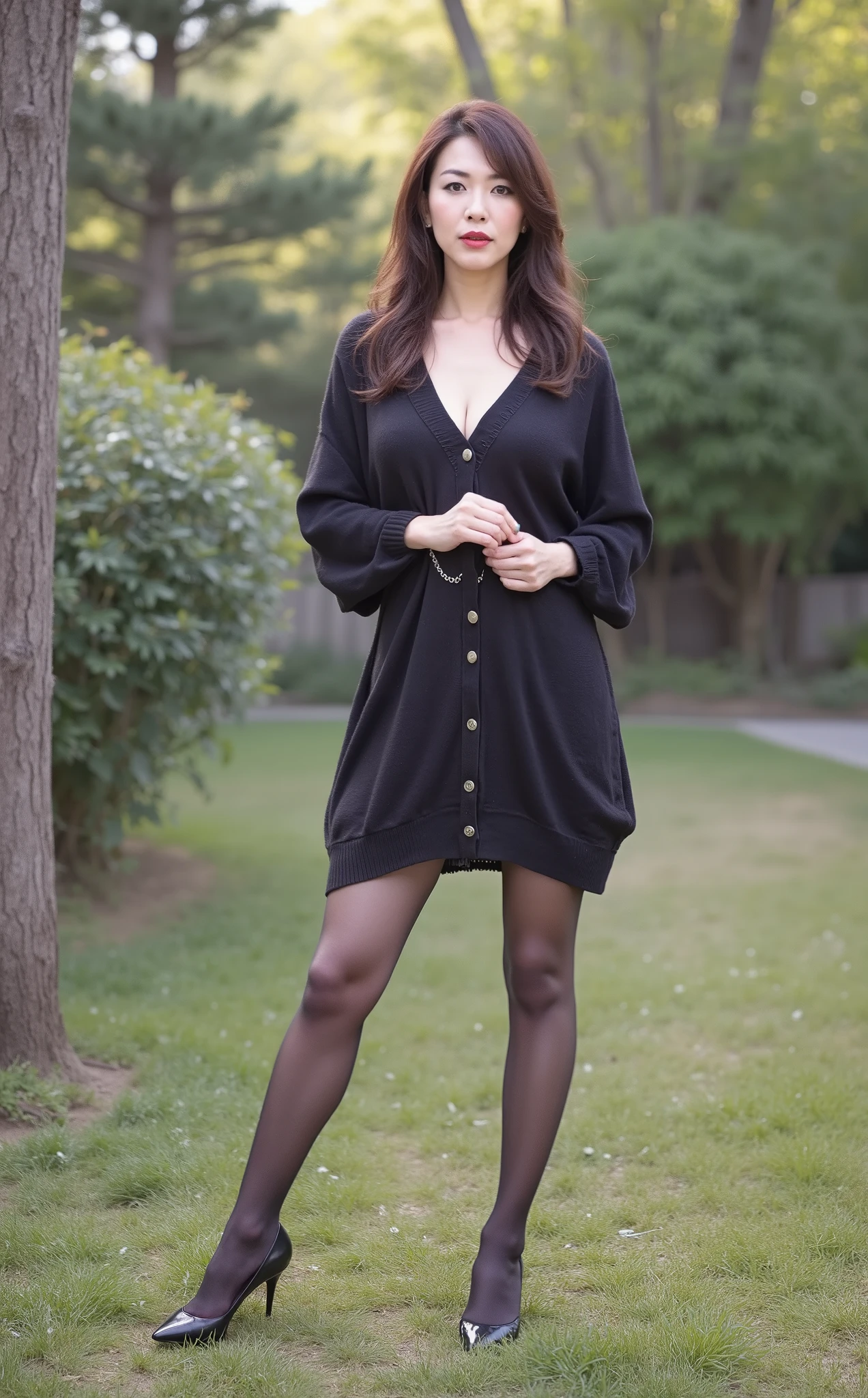 最high quality, In 8K, Masseter region, Vibrant, Sharp focus, high quality, High resolution, Detailed face, fine grain, Thick lips, (Looking at the audience), alone, Beautiful woman, 28 years old, Japanese women, (Long black hair:1.4), Cleavage, Lunch break、Large city park、Pink flower field、(sitting on a park bench:1.3)、(Full body photo:1)、(navy blue formal dress:1.5)、(Knee length dresses:1.5)、(Black pumps:1.5)、(Red lipstick:1)、(smile:1.3)、(Standard body type)、(D cup breasts)