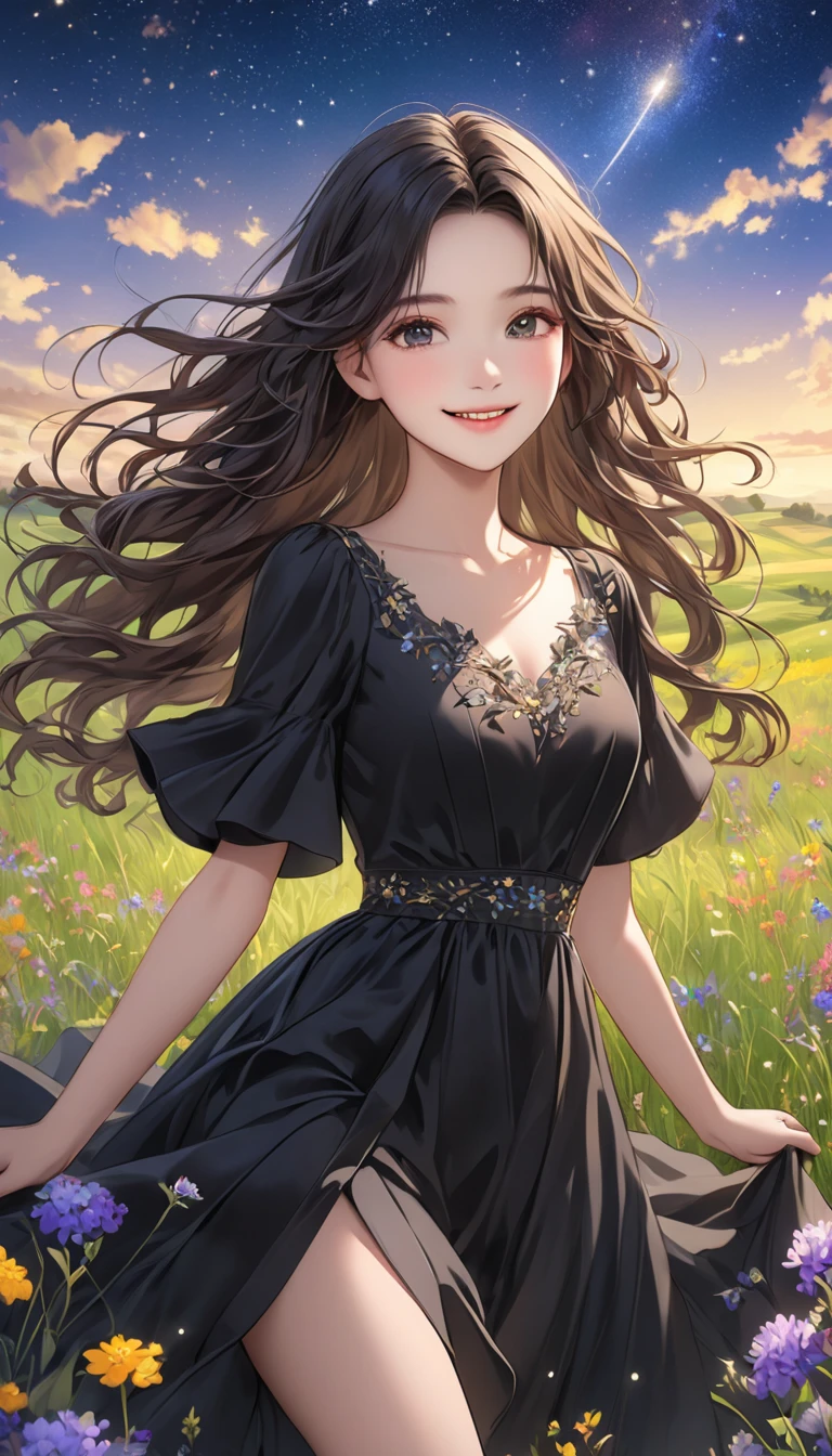   one young girl who can't see the stars、 Very beautiful and orderly face、best black gowns、 wavy hair、Visually beautiful depiction 、smile、grassland、Wildflowers、 bright color、masterpiece、 best quality 、8k、 detailed illustration art 、