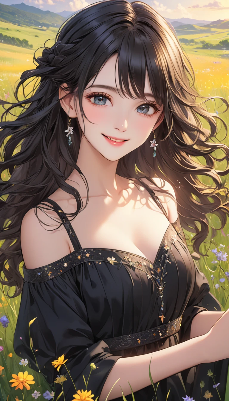   one young girl who can't see the stars、 Very beautiful and orderly face、best black gowns、 wavy hair、Visually beautiful depiction 、smile、grassland、Wildflowers、 bright color、masterpiece、 best quality 、8k、 detailed illustration art 、