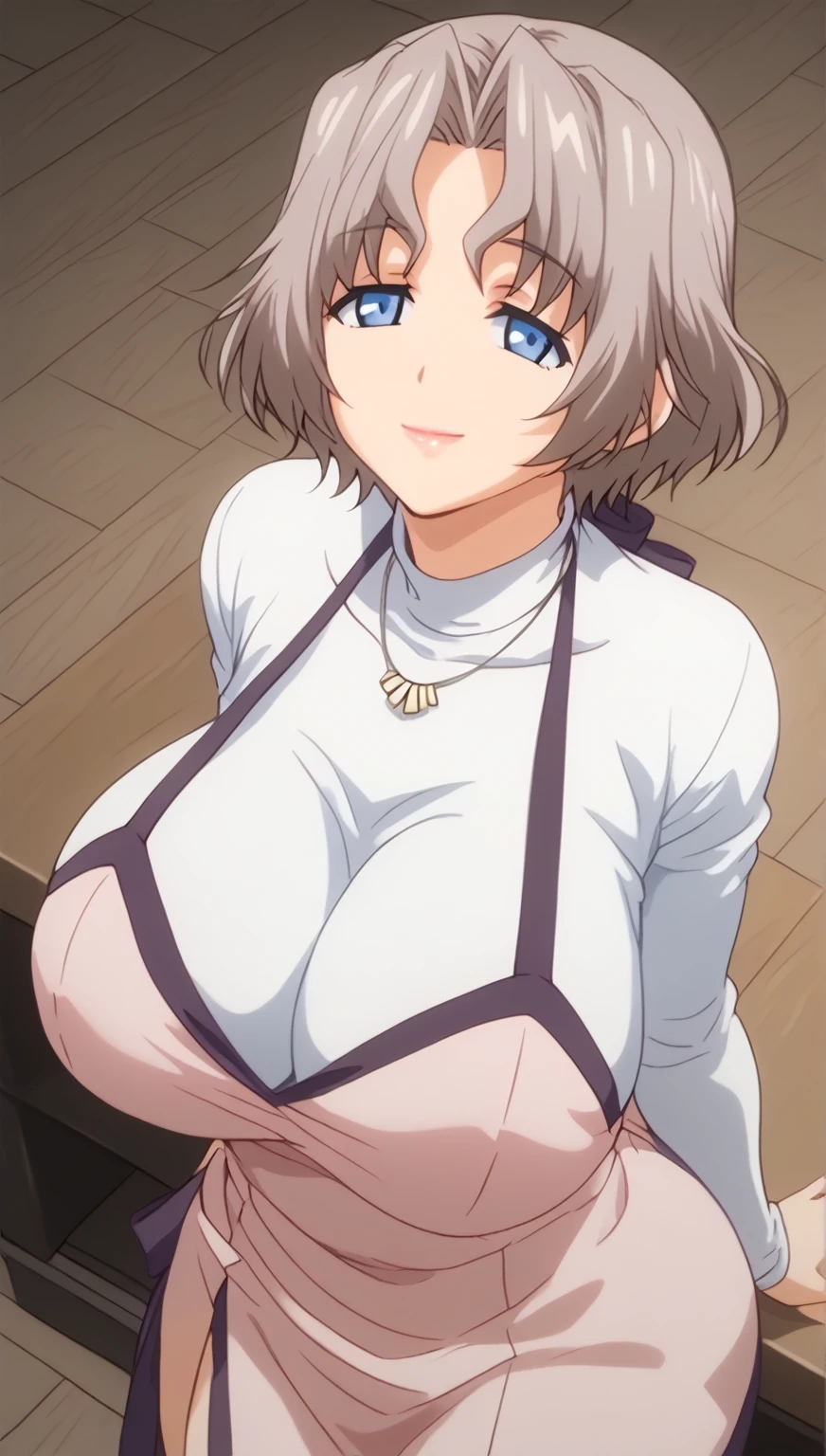 RyoukoYanagi ,  short hair,  gray hair , Blue eyes, Big breasts,  moon dress under her mouth , makeabove,  lipstick,  Ryouko , jewelry, collar, Pink apron, Love, white turtleneck,  looking at the viewer ,  closed mouth , smile, ,, 16K,  masterpiece, absurdo,  highly detailed , highres,  high quality,  better quality,  score_9,  score_8_above,  score_7_above,  score_6_above,  round,  round skin,  round hair