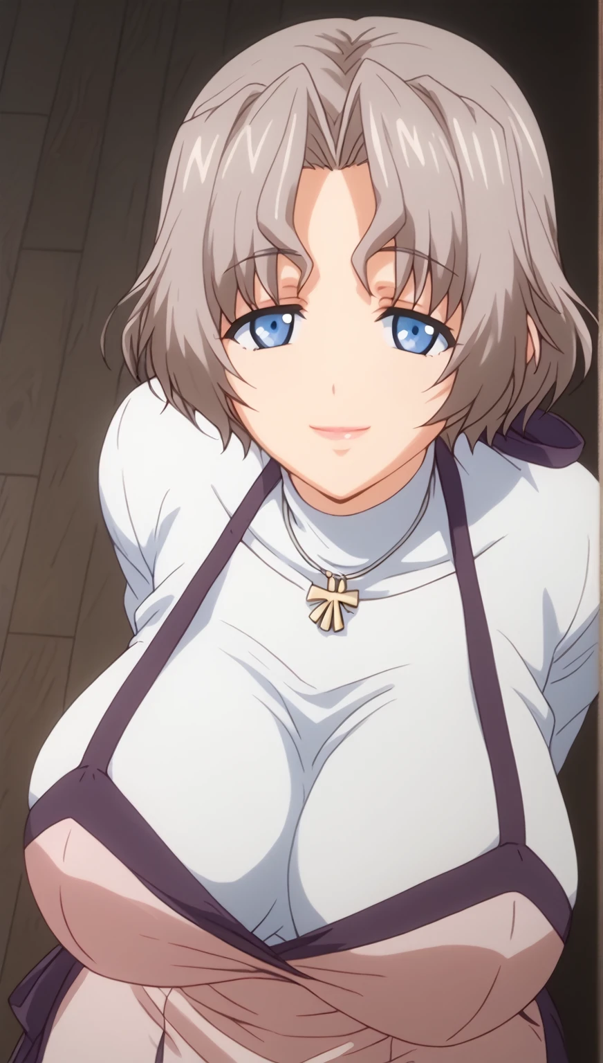 RyoukoYanagi ,  short hair,  gray hair , Blue eyes, Big breasts,  moon dress under her mouth , makeabove,  lipstick,  Ryouko , jewelry, collar, Pink apron, Love, white turtleneck,  looking at the viewer ,  closed mouth , smile, ,, 16K,  masterpiece, absurdo,  highly detailed , highres,  high quality,  better quality,  score_9,  score_8_above,  score_7_above,  score_6_above,  round,  round skin,  round hair