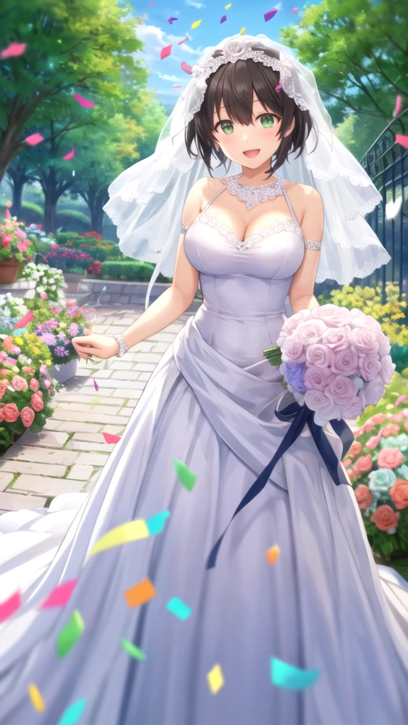 nozomitoujou, nozomi toujou, aichan, breasts, masterpiece, best quality, high resolution, extremely detailed face, good lighting, detailed CG, glossy lips, beautiful detailed eyes, wedding dress, elbow gloves, necklace, garden, bride and brjdesmaids, 3 girls, (multiple girls)