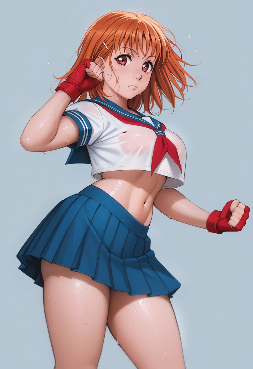 Solo,1girl, takami chika, medium hair, orange hair, red eyes,standing, sporty athletic build, confident pose, big breasts, breasts outlines, score_9, score_8_up, score_7_up, score_6_up,blue skirt, crop top, midriff, miniskirt, navel, sailor , school uniform, short sleeves, skirt, stomach, shirt, white shirt, red fingerless gloves,sweating, detailed body, shiny skin , p4l0m4, web comic,toned thighs, posing, simple background, clenched hands, slightly from side