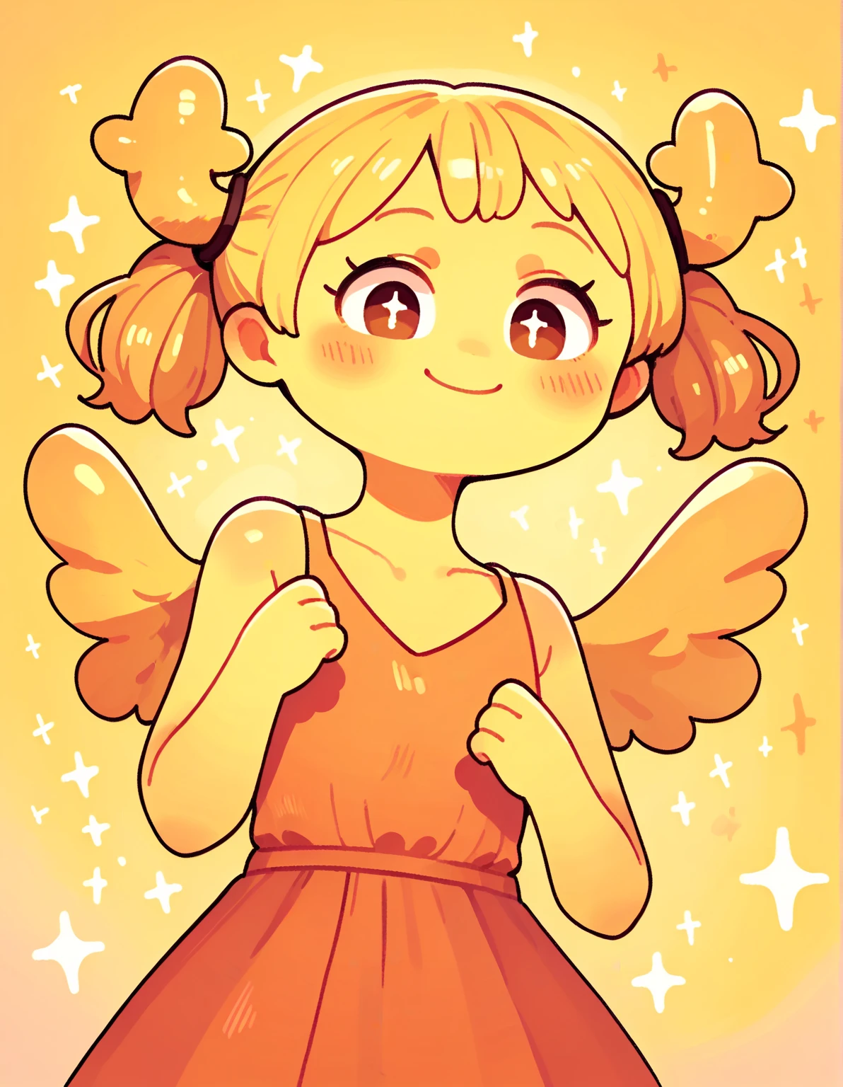 score_9, score_8_up, score_7_up, source_cartoon, 1girl, solo, pennyshellless, yellow skin, brown eyes, two horns, two wings, no fingers, blonde hair, twin ponytails, dress, tall girl, smile, sparkle in the eyes, cute, blush, happy