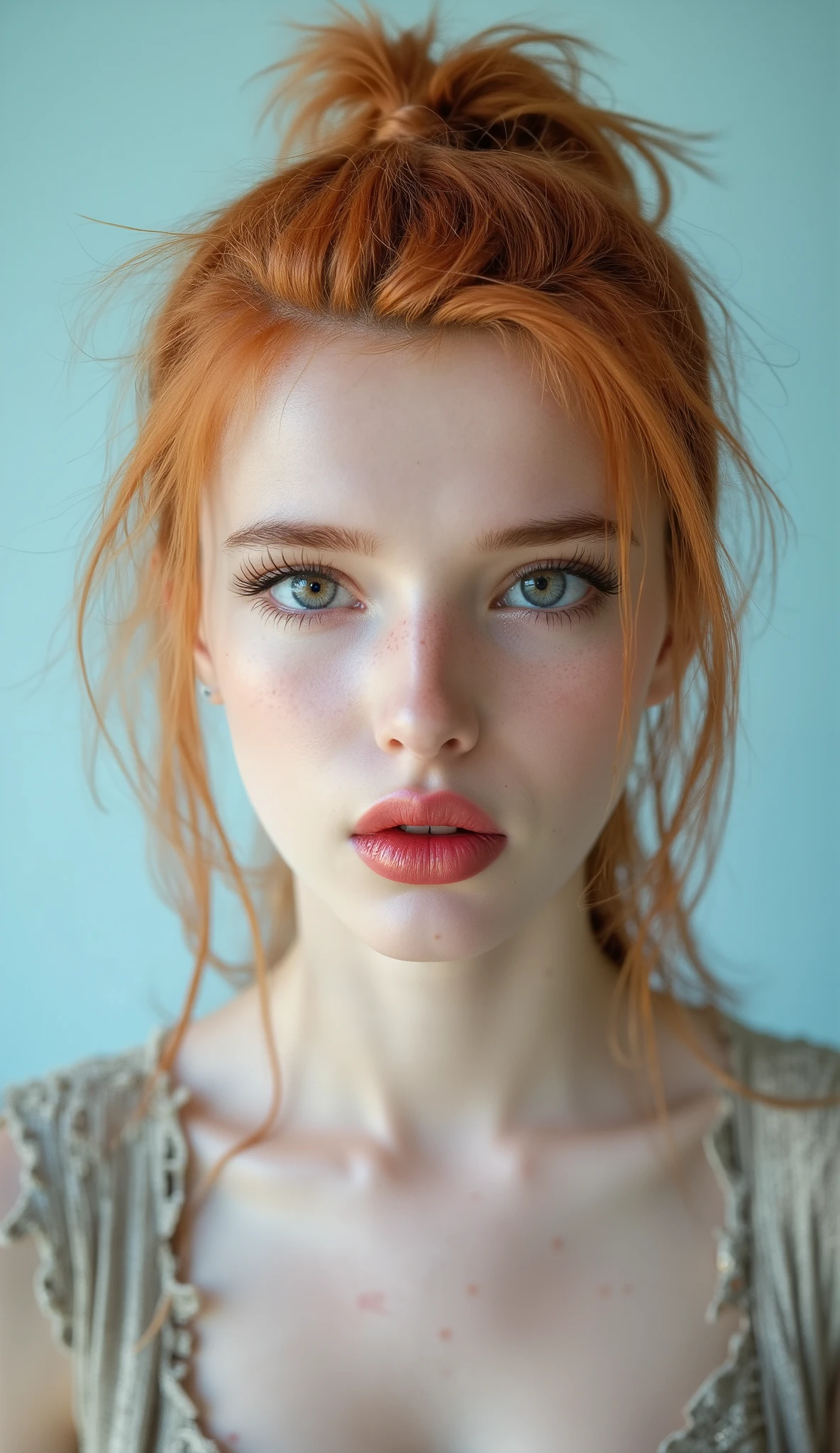 Beautiful albino woman with bright blue eyes, long straigt ginger hair with a ponytail bind up, light turqouse plane background , porcelain skin , Ultra detaild skin, photo ultra-realistic, hyper-detailed , Vogue photo shoot , cinematic, big limps with glossy pink lipstick